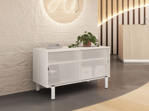 Grande console 2 portes coulissantes en méthacrylate KASA avec bac en PET, fabriqué en Espagne