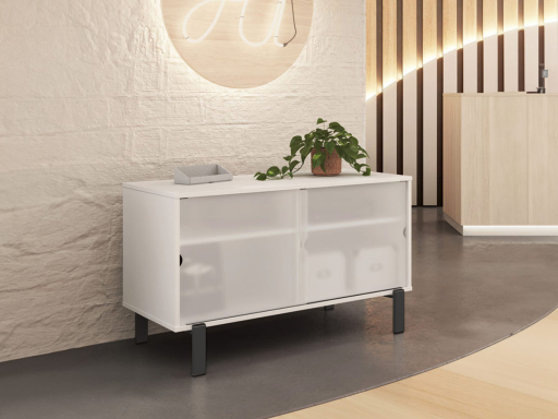 Grande console 2 portes coulissantes en méthacrylate KASA avec bac en PET, fabriqué en Espagne