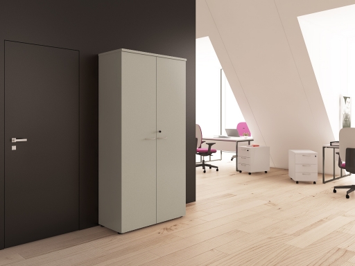 Armoire haute portes battantes L100xH203, 5 hauteurs de classeur.