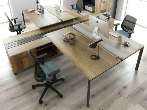 Bureau 4 personnes MARKET R+ sur meubles de rangement avec passage de câbles