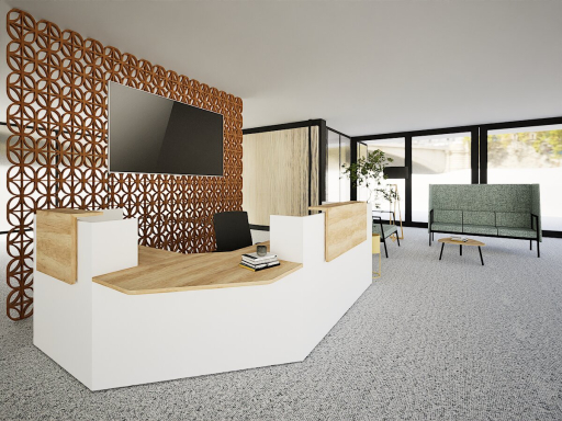 Banque d'accueil en angle AMBIANCE-5 avec comptoirs hauts et PMR