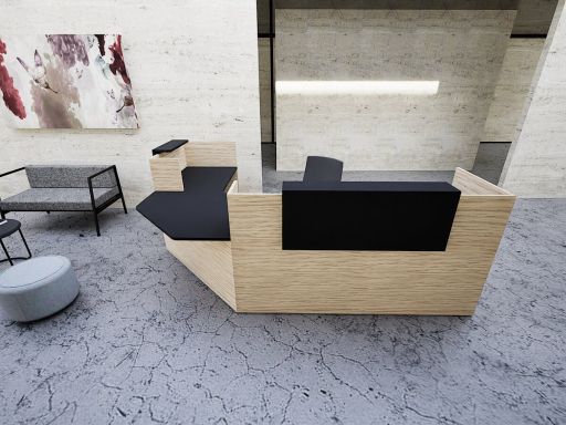 Banque d'accueil en angle AMBIANCE-5 Wood avec comptoirs hauts et PMR