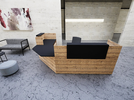 Banque d'accueil en angle AMBIANCE-5 Wood avec comptoirs hauts et PMR
