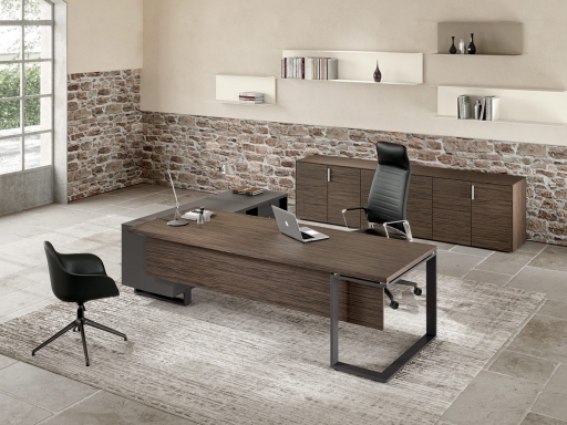 Bureau de direction bois avec meuble de rangement latéral, haut de gamme