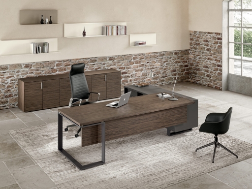Bureau de direction bois avec meuble de rangement latéral, haut de gamme