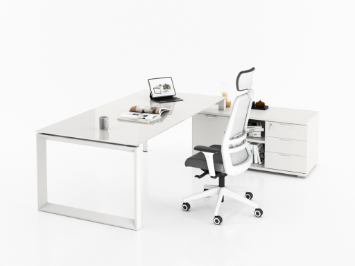 Bureau d'angle en verre pour direction avec rangement et caisson