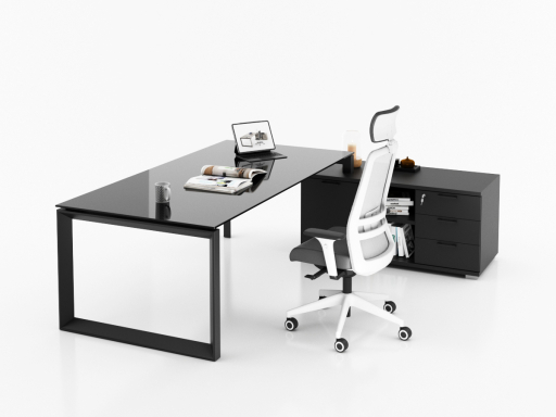 Bureau d'angle en verre pour direction avec rangement et caisson