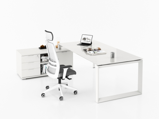 Bureau d'angle en verre pour direction avec rangement et caisson