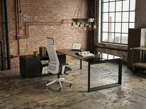 Bureau d'angle en verre pour direction avec rangement et caisson