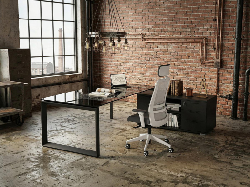 Bureau d'angle en verre pour direction avec rangement et caisson