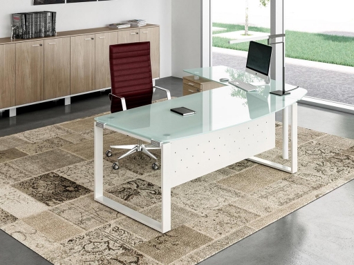 Bureau de direction NEWARK en verre pieds cadres avec forme et retour sur caisson,fabriqué en italie