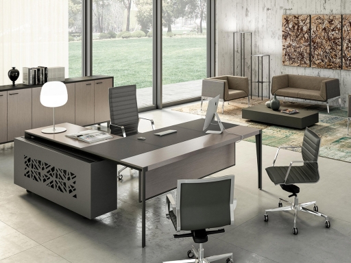 Bureau de direction en bois avec insert en cuir WILSON avec retour sur caisson