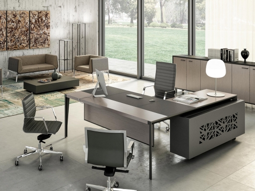 Bureau de direction en bois avec insert en cuir WILSON avec retour sur caisson