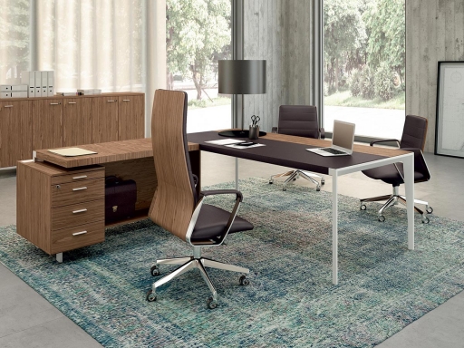 Bureau de direction en bois avec insert en cuir WILSON avec retour sur caisson