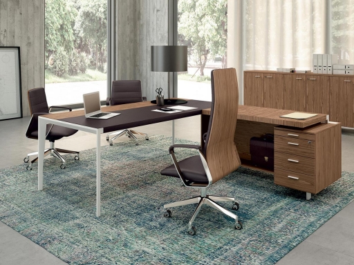 Bureau de direction en bois avec insert en cuir WILSON avec retour sur caisson