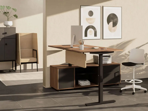 Bureau de direction hauteur réglable FLY-UP One avec meuble de rangement bas, made in France