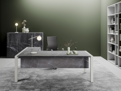 Bureau de direction en verre marbré avec retour TALISMAN, fabriqué en Italie