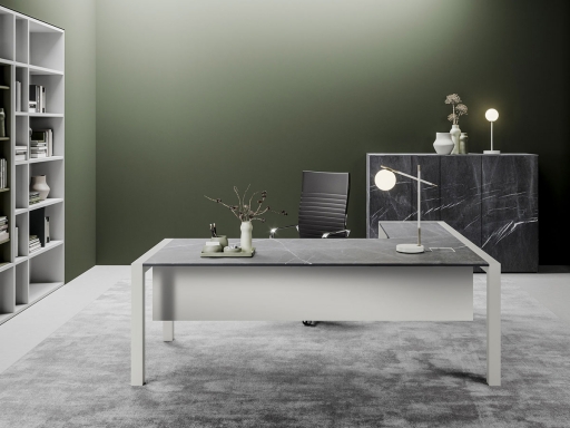 Bureau de direction en verre marbré avec retour TALISMAN, fabriqué en Italie