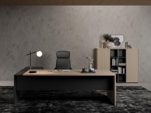 Bureau de direction en angle FIRST OAK, chêne naturel et laque noire