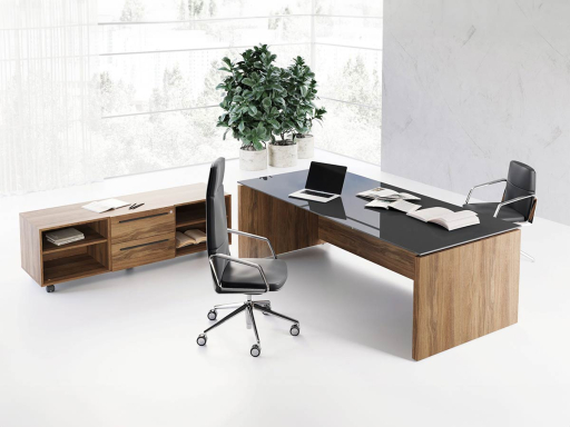 Bureau de direction ARTEMIS avec plan de travail en verre noir, fabriqué en Italie