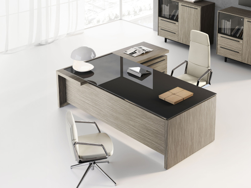 Bureau de direction en verre ARTEMIS avec meuble bas de service, fabriqué en Italie