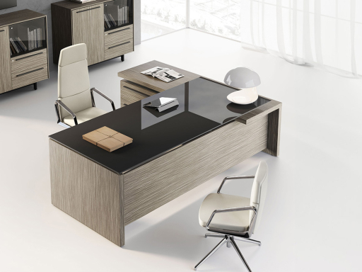Bureau de direction en verre ARTEMIS avec meuble bas de service, fabriqué en Italie