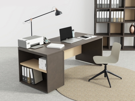 Bureau de télétravail bicolore avec armoire ouverte, pas cher