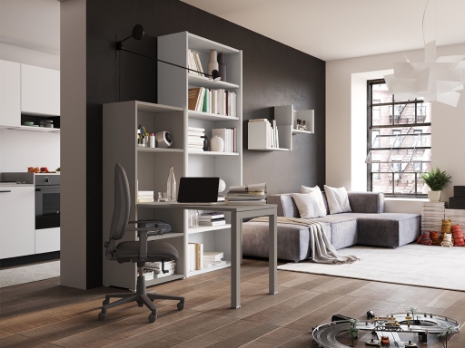 Bureau de télétravail avec bibliothèque porteuse LUCA, pratique et pas cher