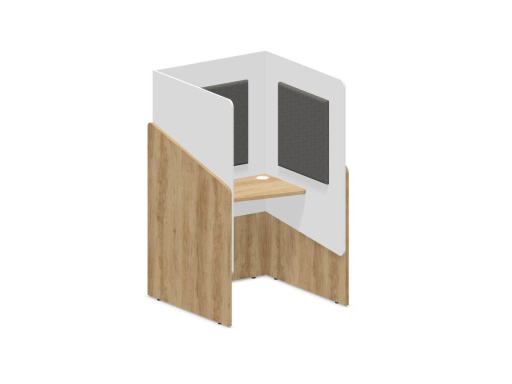 Cabine de confidentialité en bois et coussin en tissu chiné NOÉ assis, fabriqué en France