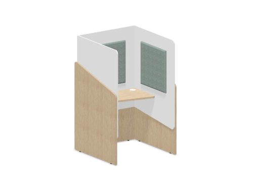 Cabine de confidentialité en bois et coussin en tissu chiné NOÉ assis, fabriqué en France