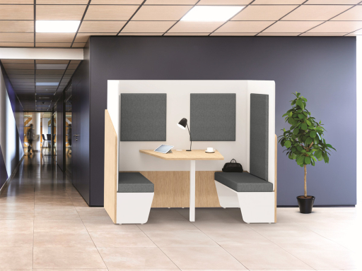 Cabine de confidentialité double en bois et tissu NOÉ avec tablette et bancs, fabriqué en France