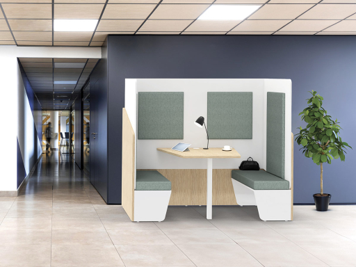 Cabine de confidentialité double en bois et tissu NOÉ avec tablette et bancs, fabriqué en France