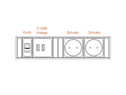Électrification FLAT 2 prises schukos + 2 USB charge + 1 RJ45 pour tables et bureaux Atra