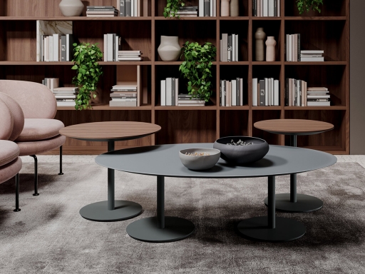 Table basse ronde design en bois avec plateau biseauté