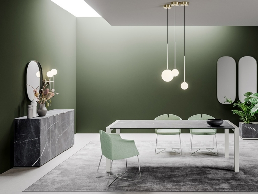 Table de réunion en verre marbré TALISMAN avec passage de câbles , fabriqué en italie